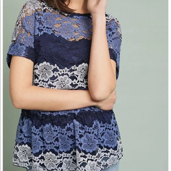 Eva Franco (Anthropologie) Navy Lace Short Sleeve Peplum Size XSP - Picture 8 of 8